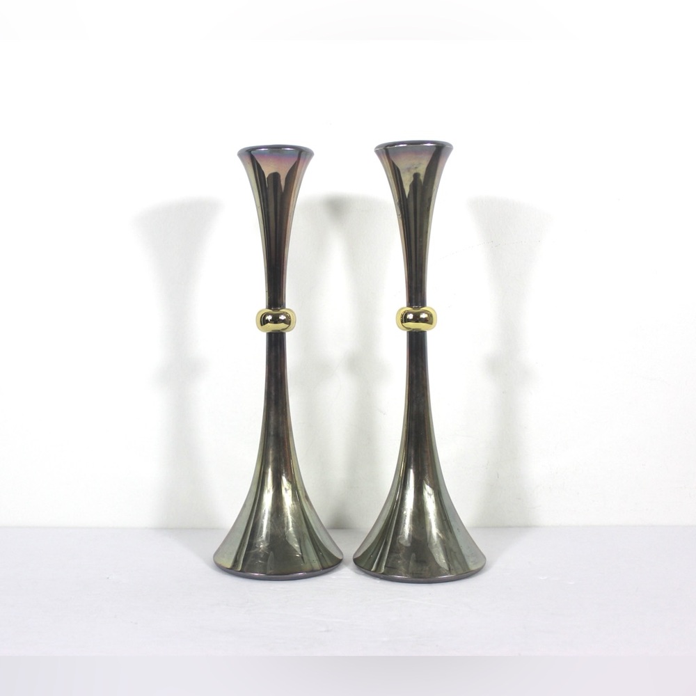 Vintage Pair of Dansk Tall MCM Silver Plated Candle Holders With Brass Accents